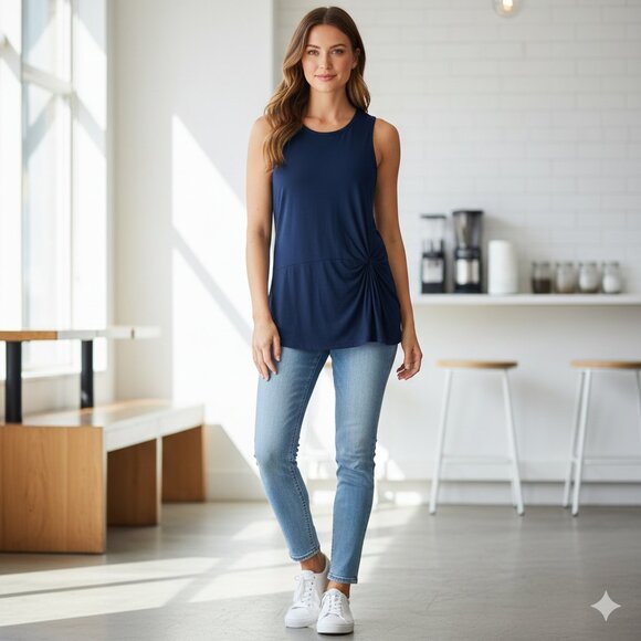 Halogen Women's Tank Top Blouse Navy Blue Draped side Size XS - Picture 11 of 11